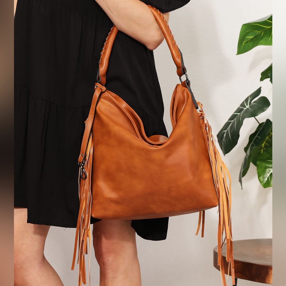 NEW**-SHOMICO PU Leather Fringe Detail Shoulder Bag in Caramel OFFERS WELCOME